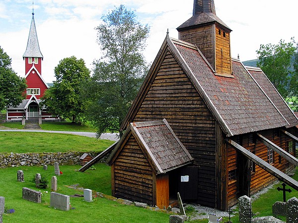 Rodven Stave Church, modern church in background