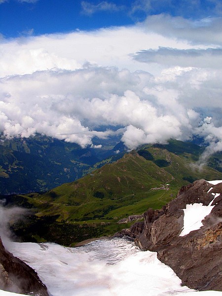 View from the top of the Jungfraujoch down the Lauterbrunen valley