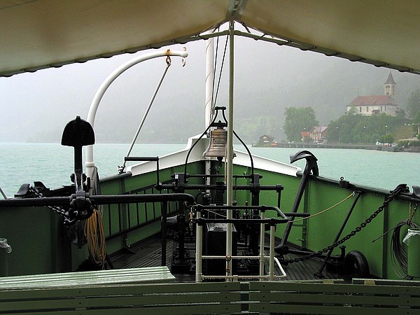 View from the bow of our paddle steamer as we cross Lake Brienz