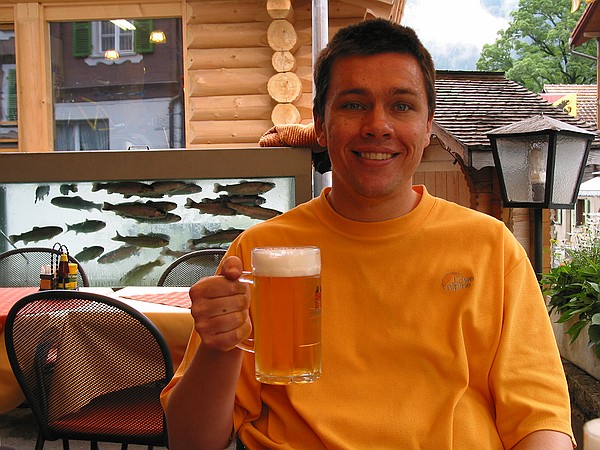 Enjoying a beer after cycling to Lauterbrunen