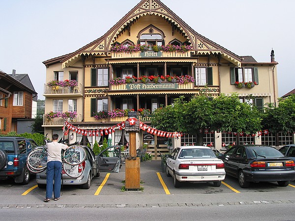 Packing up to leave our hotel in Interlarken